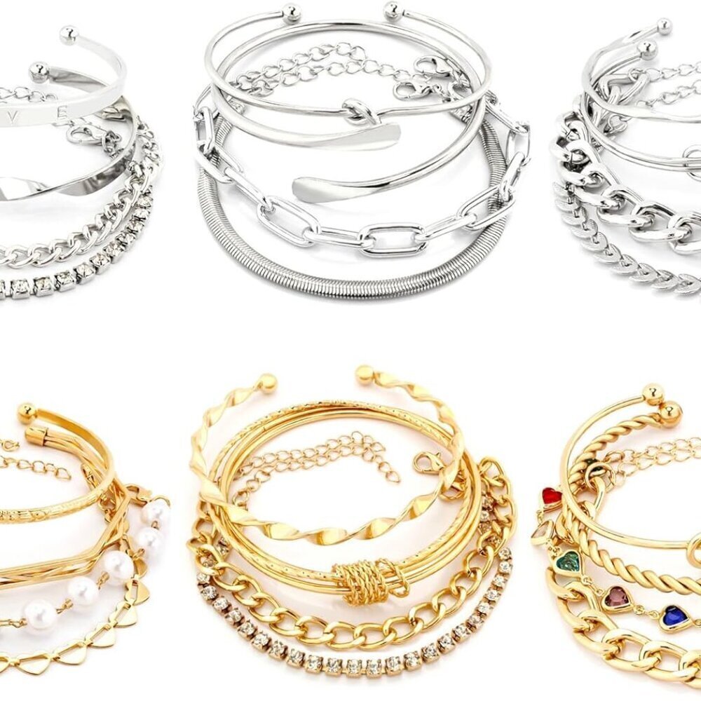 Boho Gold Chain Bracelets Set for Women Girls Adjustable Layered Jewelry